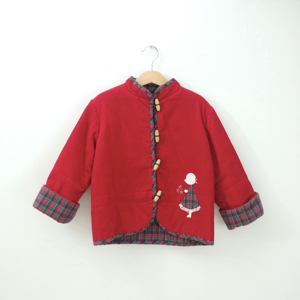 Vintage Kids Cotton Mandarin Collar Red Jacket w Plaid Lining / 5-6Y